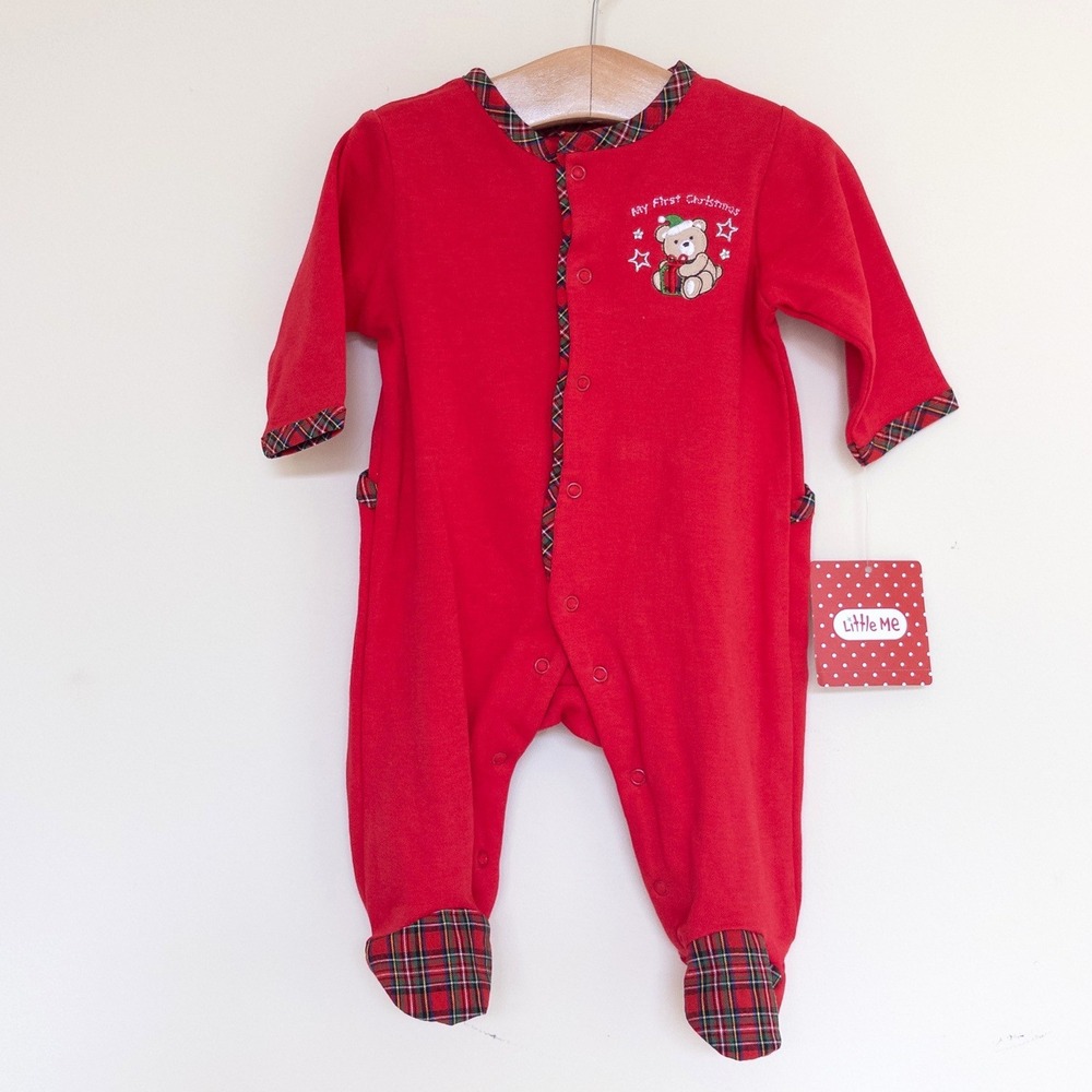Little Me Christmas Sleeper Red Plaid My First Christmas Embroidered Newborn NWT